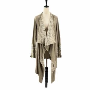 Aratta Silent Journey Olive Green Waffle 100% Cotton Lace Boho Cardigan Topper